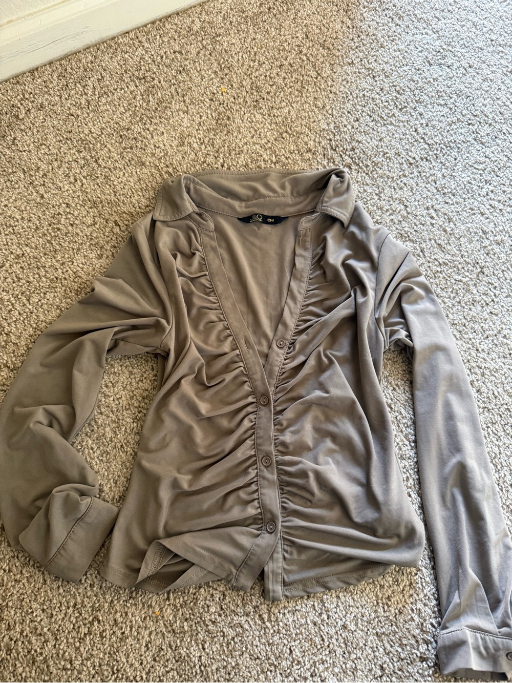 Jennifer Lopez Ruched Button-Down Top in Taupe